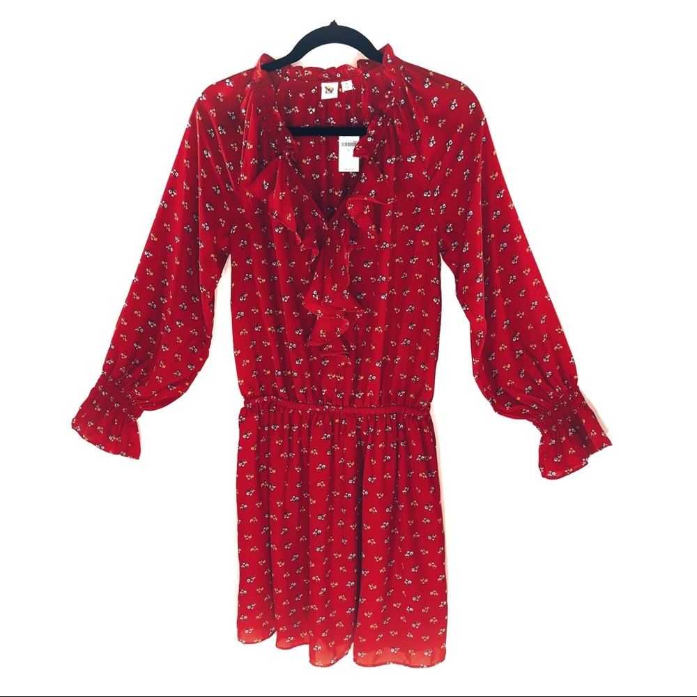 Gap red floral mini dress w/ruffle details at neck & sleeve